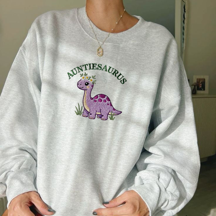 Embroidered Auntie Saurus Dinosaur Sweatshirt, Custom Auntie EST, Funny Auntie Shirt, Personalized Auntie Gift, Dinosaur Auntie, Birthday Gift Auntie