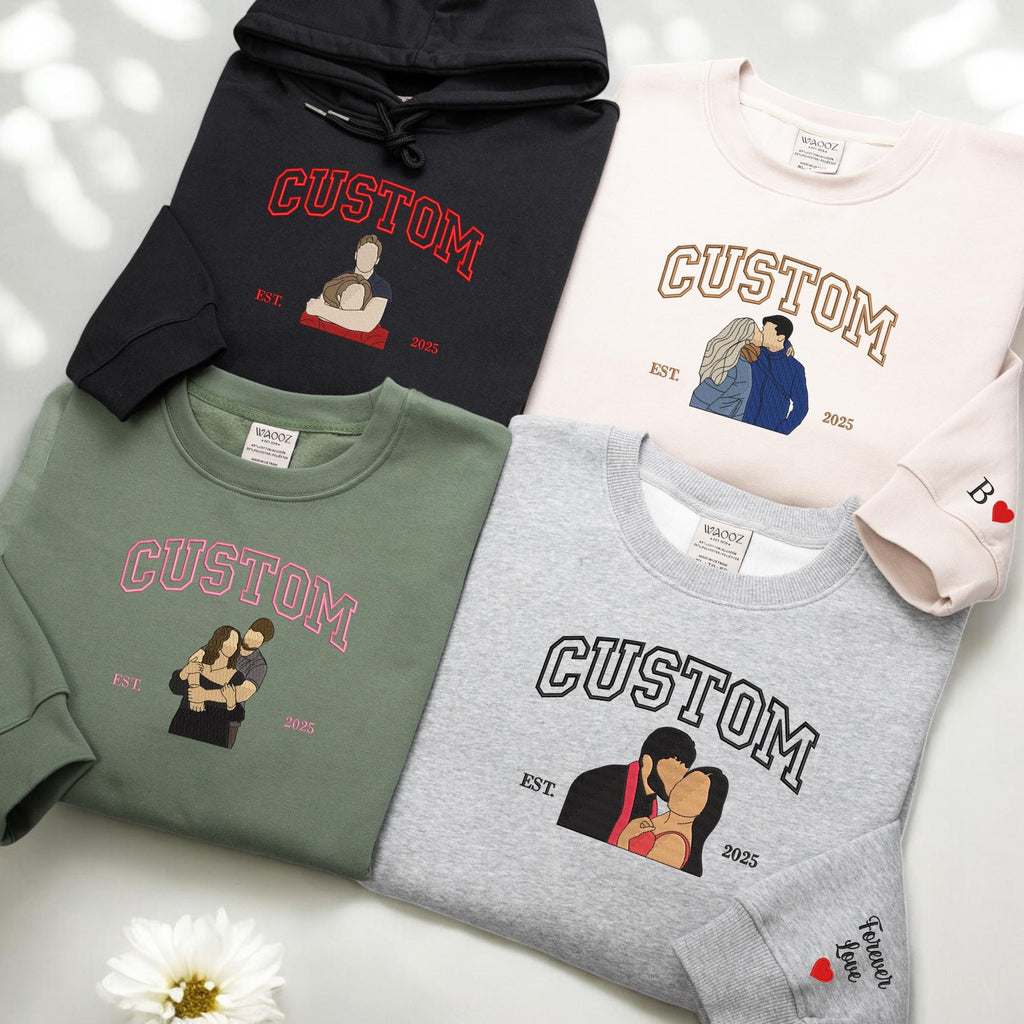 Personalized Embroidered Portrait from Photo Hoodie, Valentines Couple Portrait Shirt, Wedding Portrait, Matching Couple Sweatshirt Gift