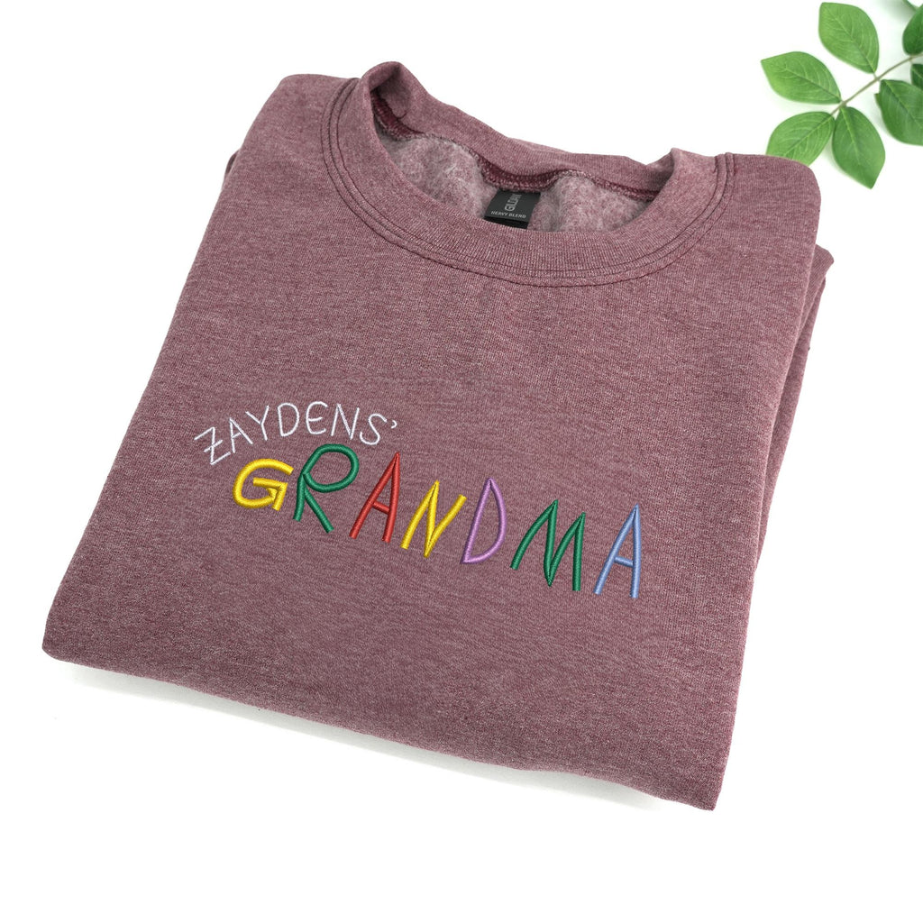 Custom Embroidered Grandma Sweatshirt, Personalized Rainbow Letter Design with Custom Kid’s Name, Unique Gift for Grandma, Nana, or Gigi