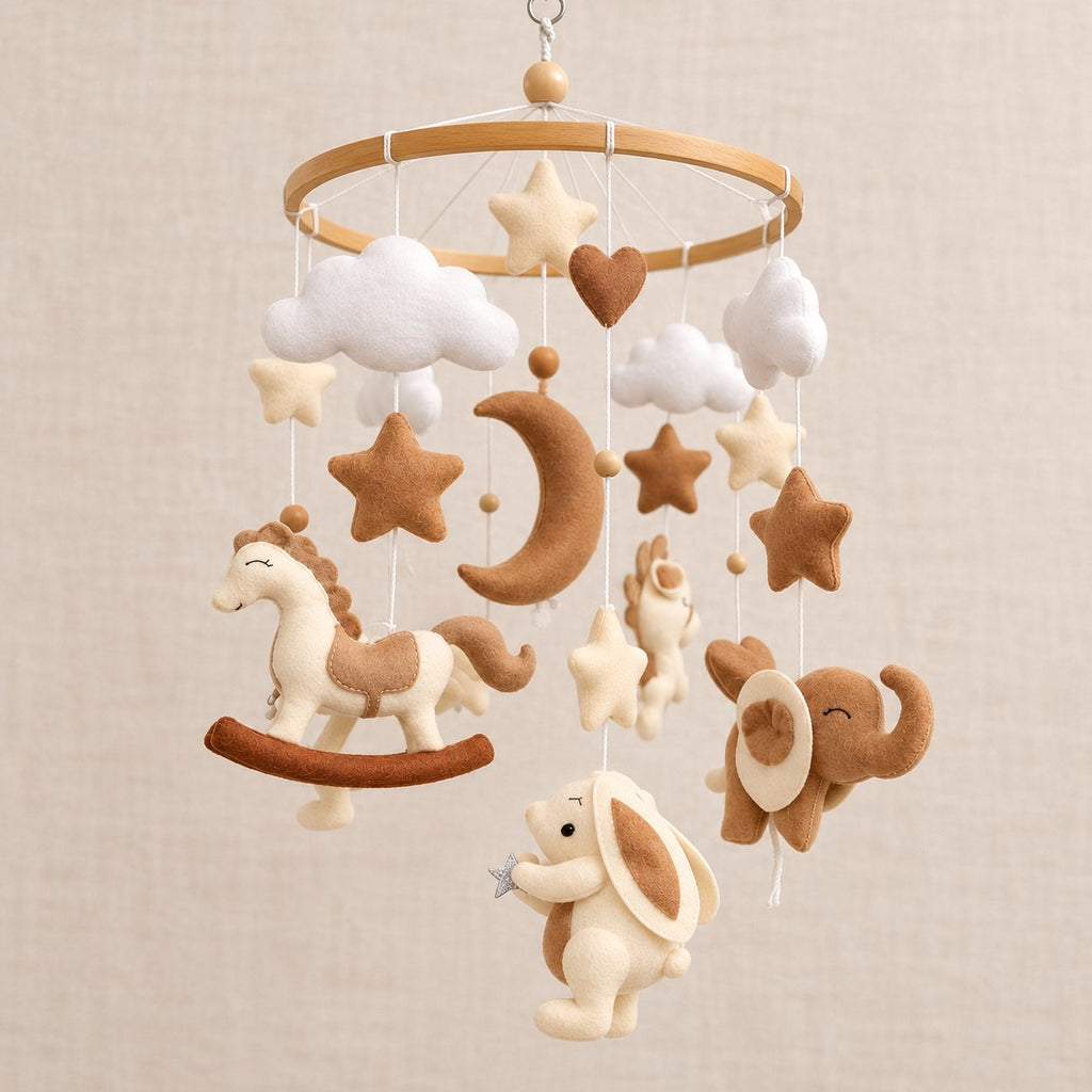 Woodland Felt Baby Mobile, Handmade Felt Crib Mobile with Horse Elephant Bunny Forest Animals, Neutral Nursery Decor, Newborn Gift BBMB36