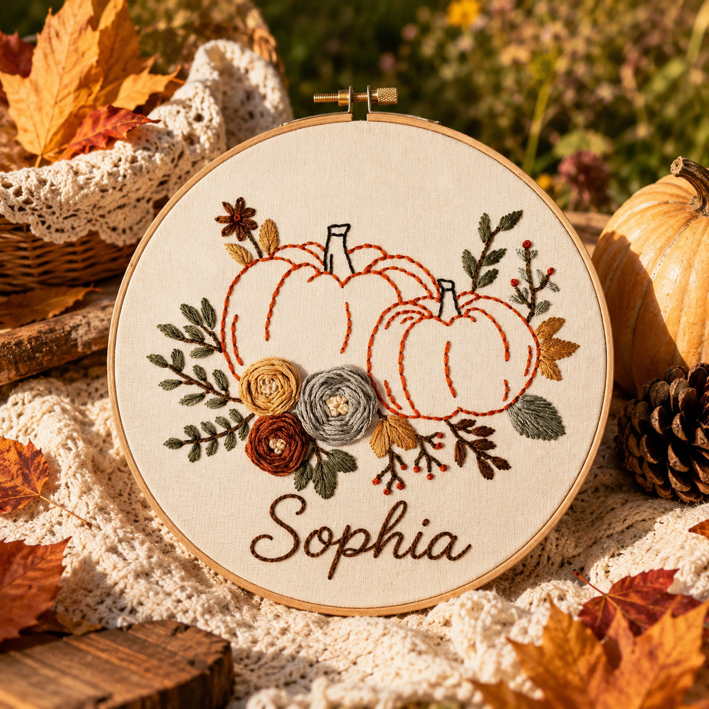 Personalized Pumpkin Hand-Embroidery Hoop Art, Custom Name Fall Wall Decor, Autumn Pumpkin Floral Embroidery, Handmade Harvest Gift HOOP19