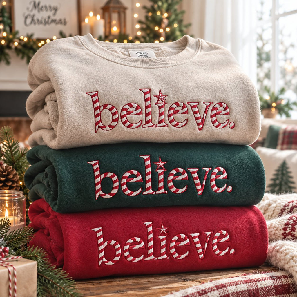 Candy Cane Believe Christmas Sweatshirt, Embroidered Holiday Crewneck Shirt, Cozy Winter Xmas Gift XMASS11