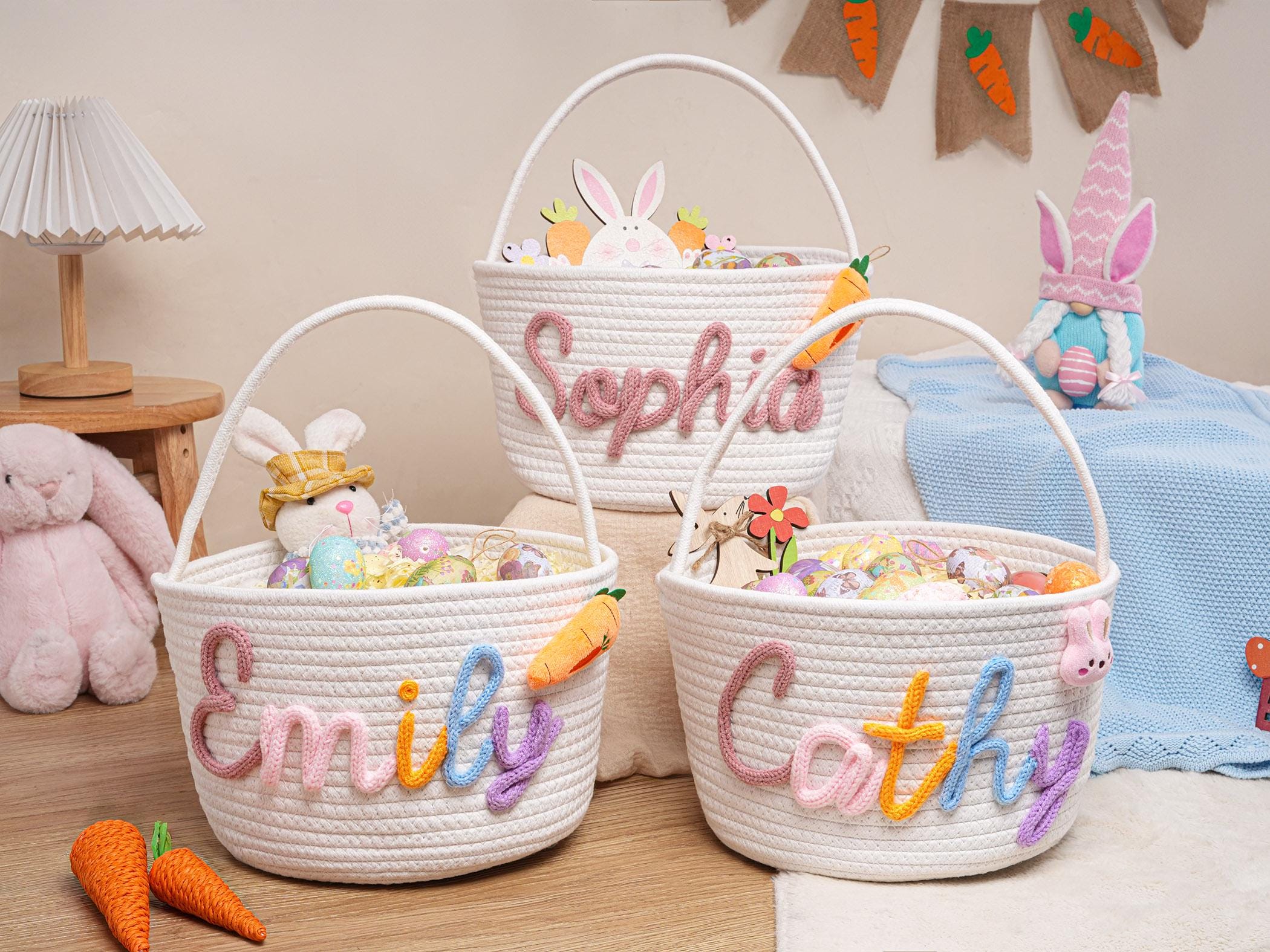 Personalized Easter Basket with Name, Handwoven Rope Basket, Easter Bunny Gift for Kids, Easter Egg Hunt Basket, Baby Shower Gift