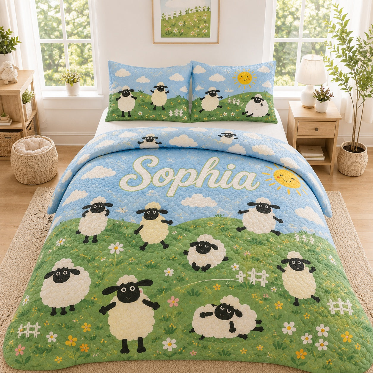 Sheep Quilted Bedding Set, Sheep Blanket, Custom Farm Meadow Quilt Set with Pillow Covers, Cute Bedroom Decor QBEDSET17