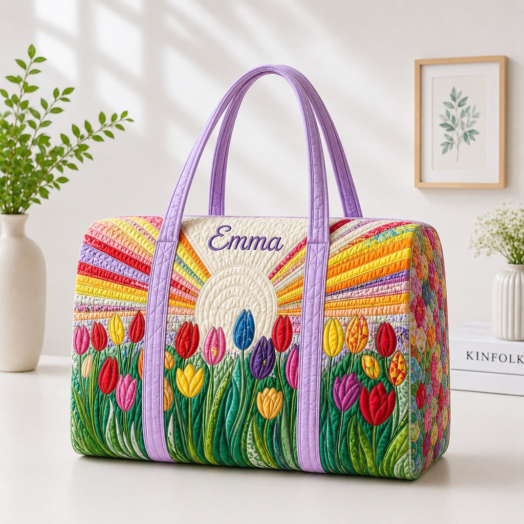 Tulip Quilted Duffle Bag, Colorful Floral Travel Bag, Custom Name Weekender Bag, Spring Flower Gift for Her DFB41
