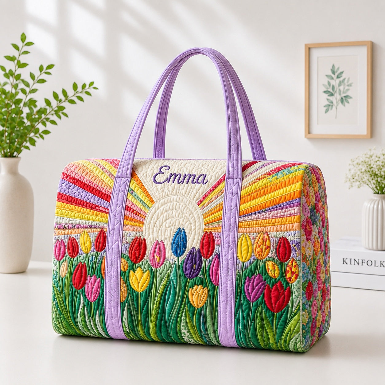 Tulip Quilted Duffle Bag, Colorful Floral Travel Bag, Custom Name Weekender Bag, Spring Flower Gift for Her DFB41