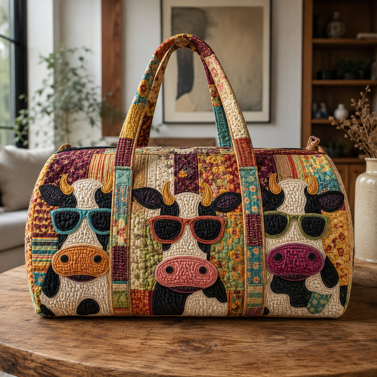 Funny Cow with Sunglasses Quilted Duffle Bag, Cute Milk Cow Duffle Bag, Overnight Bag, Quilted Travel Bag, Quilted Weekend Bag, Custom Bag Gift DFB16