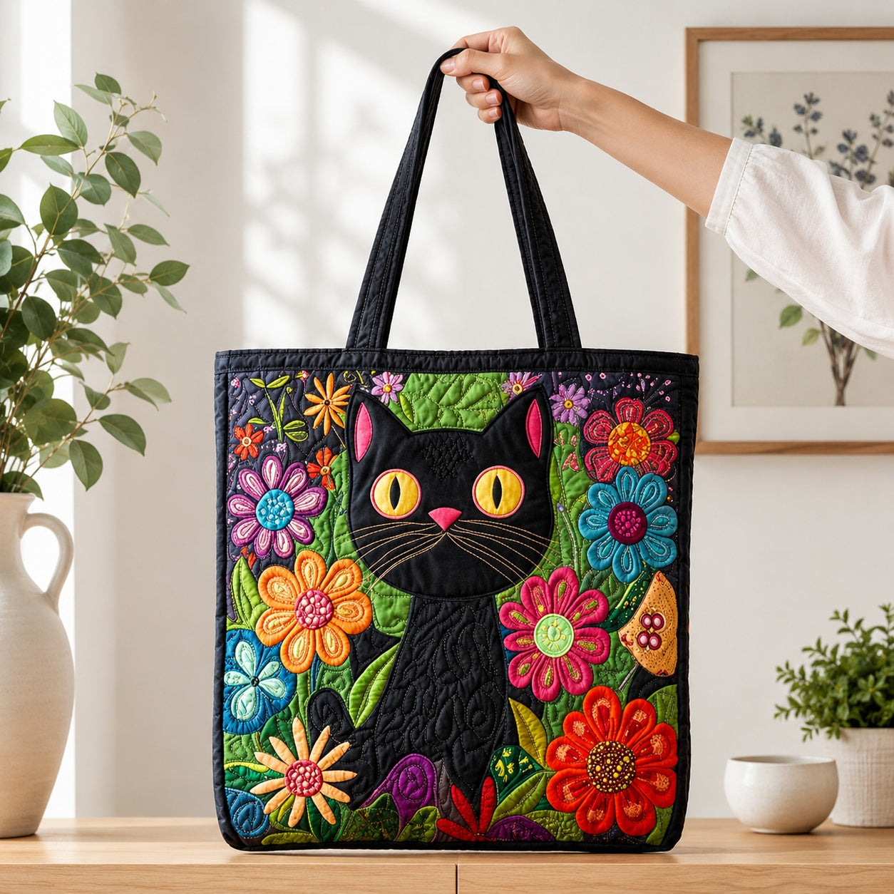 Flower Cat Pattern Quilted Tote Bag, Cat Shoulder Bag, Pet Cat Art Tote, Fabric Tote Bag, Gift Bag QTOTE43