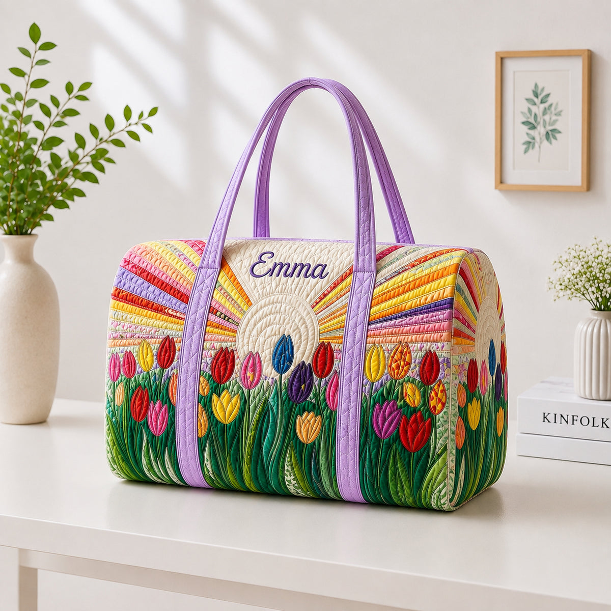 Tulip Quilted Duffle Bag, Colorful Floral Travel Bag, Custom Name Weekender Bag, Spring Flower Gift for Her DFB41