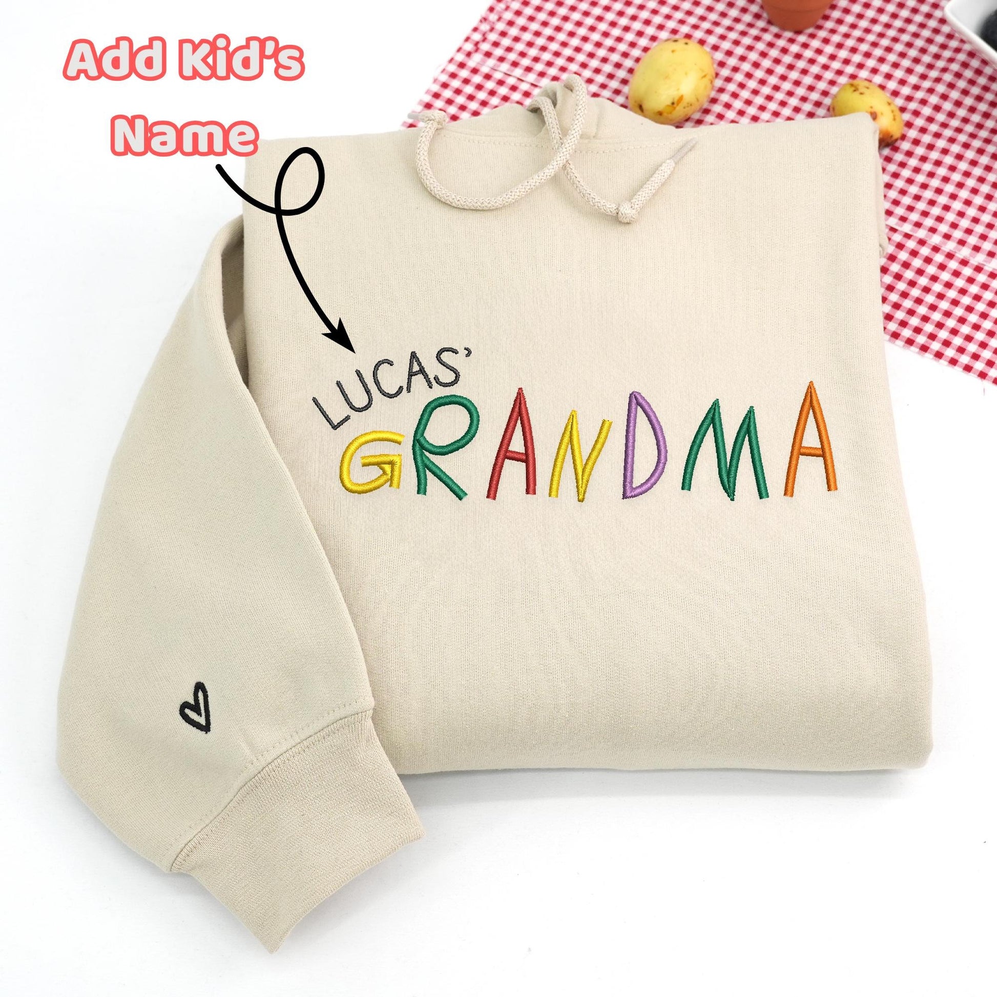 Custom Embroidered Grandma Sweatshirt, Personalized Rainbow Letter Design with Custom Kid’s Name, Unique Gift for Grandma, Nana, or Gigi