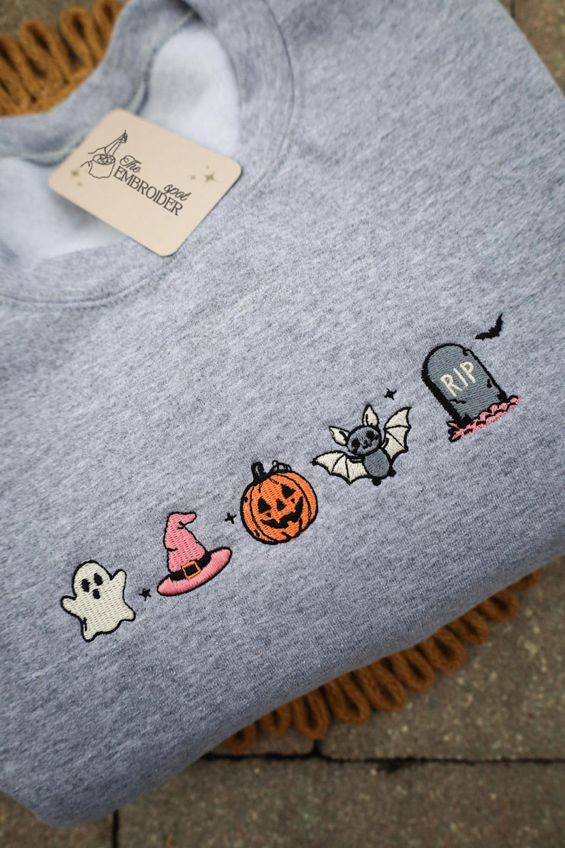 Halloween Mini Icons Embroidered Shirt, Cute Spooky Sweatshirt, Halloween Gift Shirt HLEM19