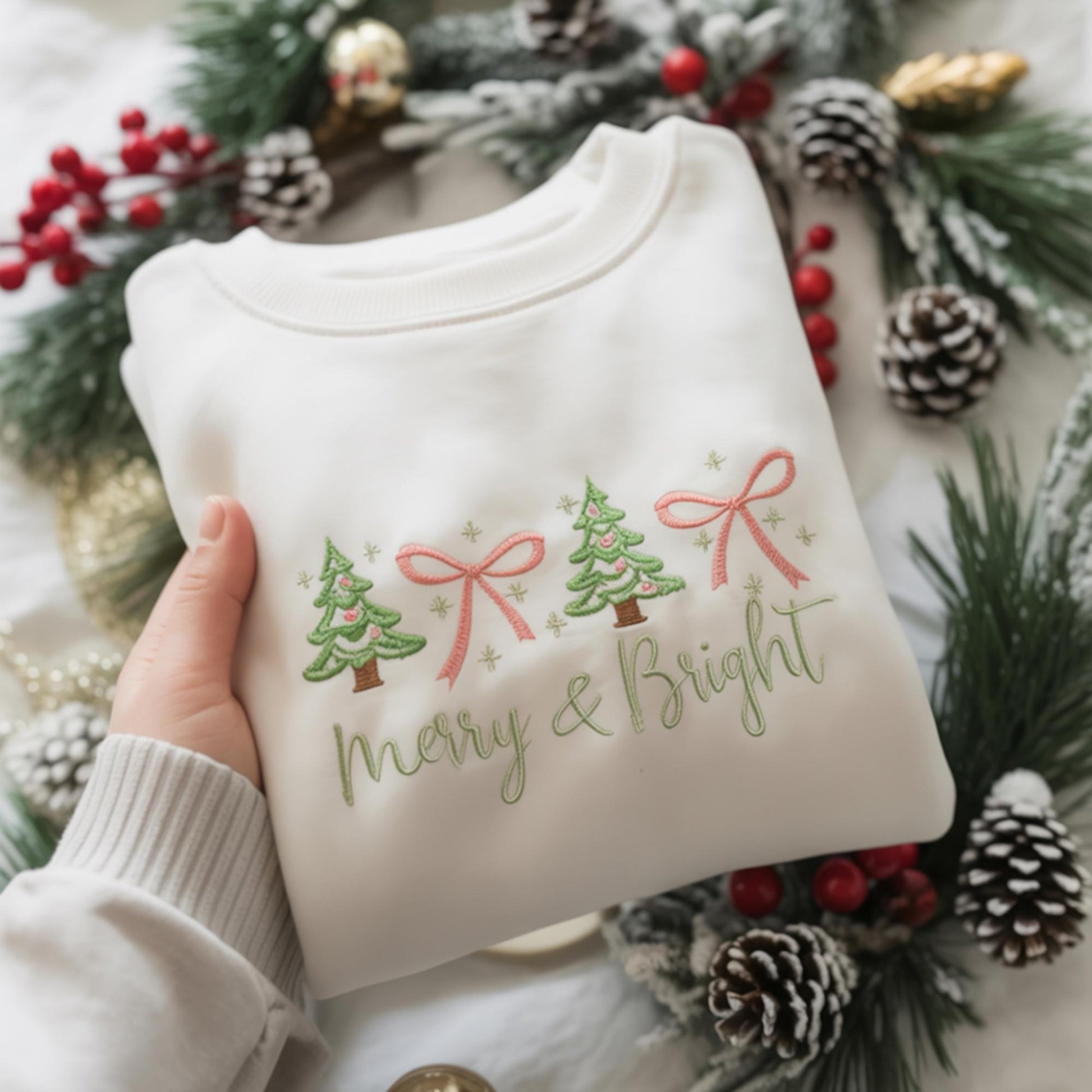 Merry & Bright Embroidered Christmas Sweatshirt, Cute Pastel Xmas Tree Sweatshirt, Holiday Cozy Crewneck Gift for Her, Winter Oufits