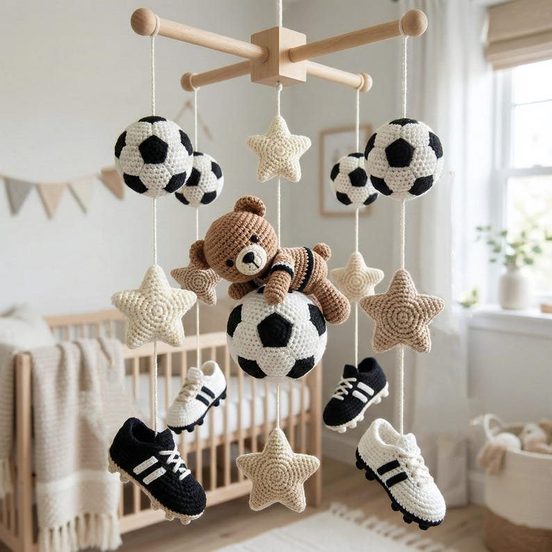 Personalized Crochet Bear Baby Mobile, Bear On Football Mobile Nursery Outer Space Mobile Crib, Soccer Ball Nursery Decor, Newborn Gift CrochetBBM17
