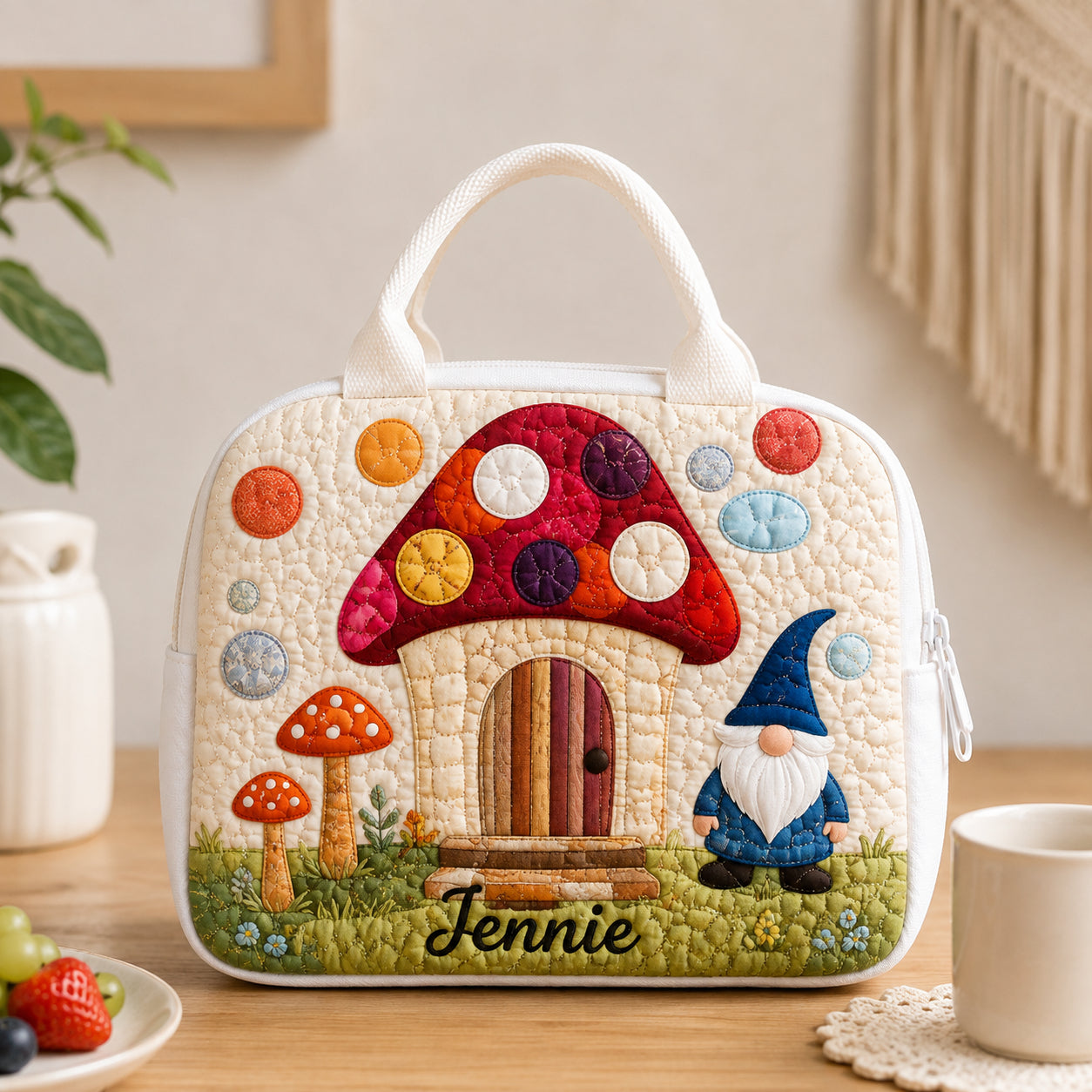 Fairy Mushroom Quilted Lunch Bag, Insulated Quilted Lunch Tote, Mushroom Lunch Bag, Custom Kid Lunch Bag, Back To School Bag, Picnic Bag, Reusable Lunch Tote QLB19
