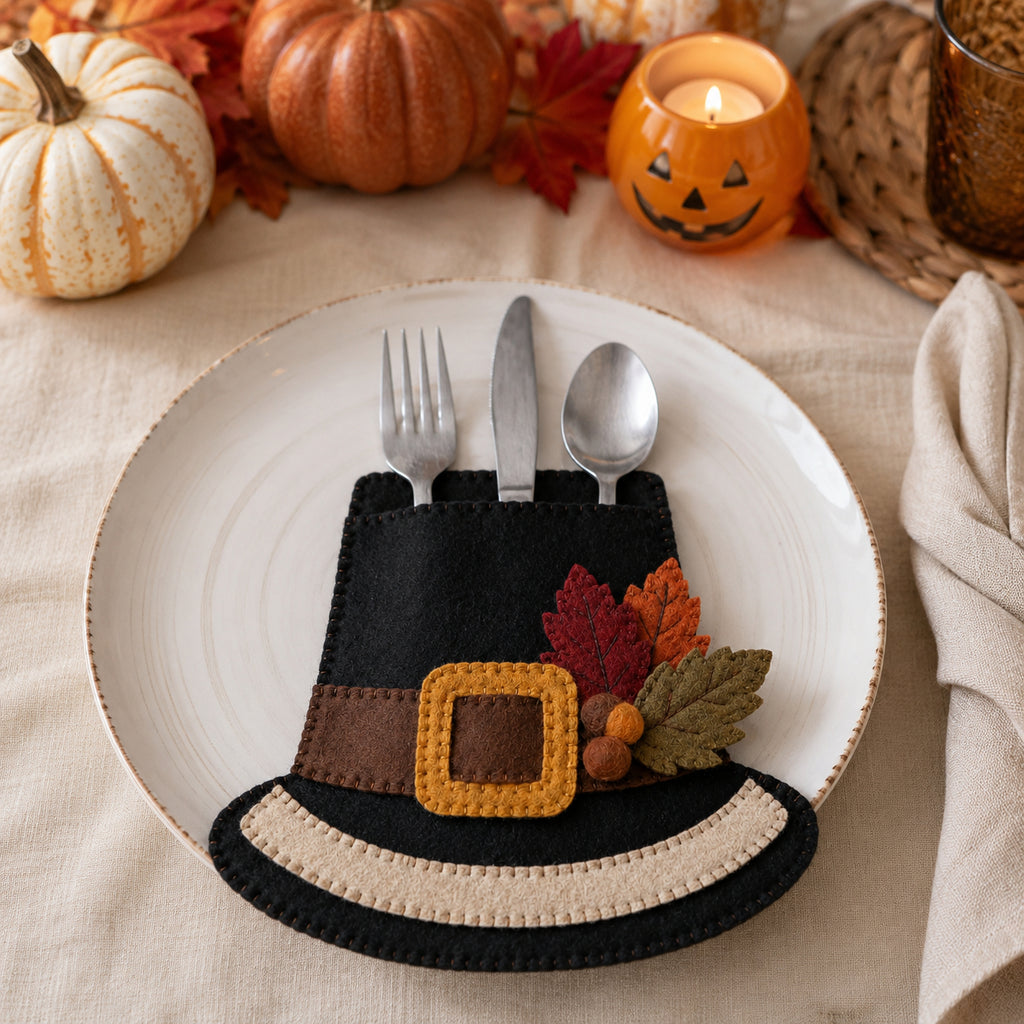 Pilgrim Hat Felt Silverware Holder, Thanksgiving Cutlery Pocket, Harvest Table Decor, Fall Dining Decor FELTCH19