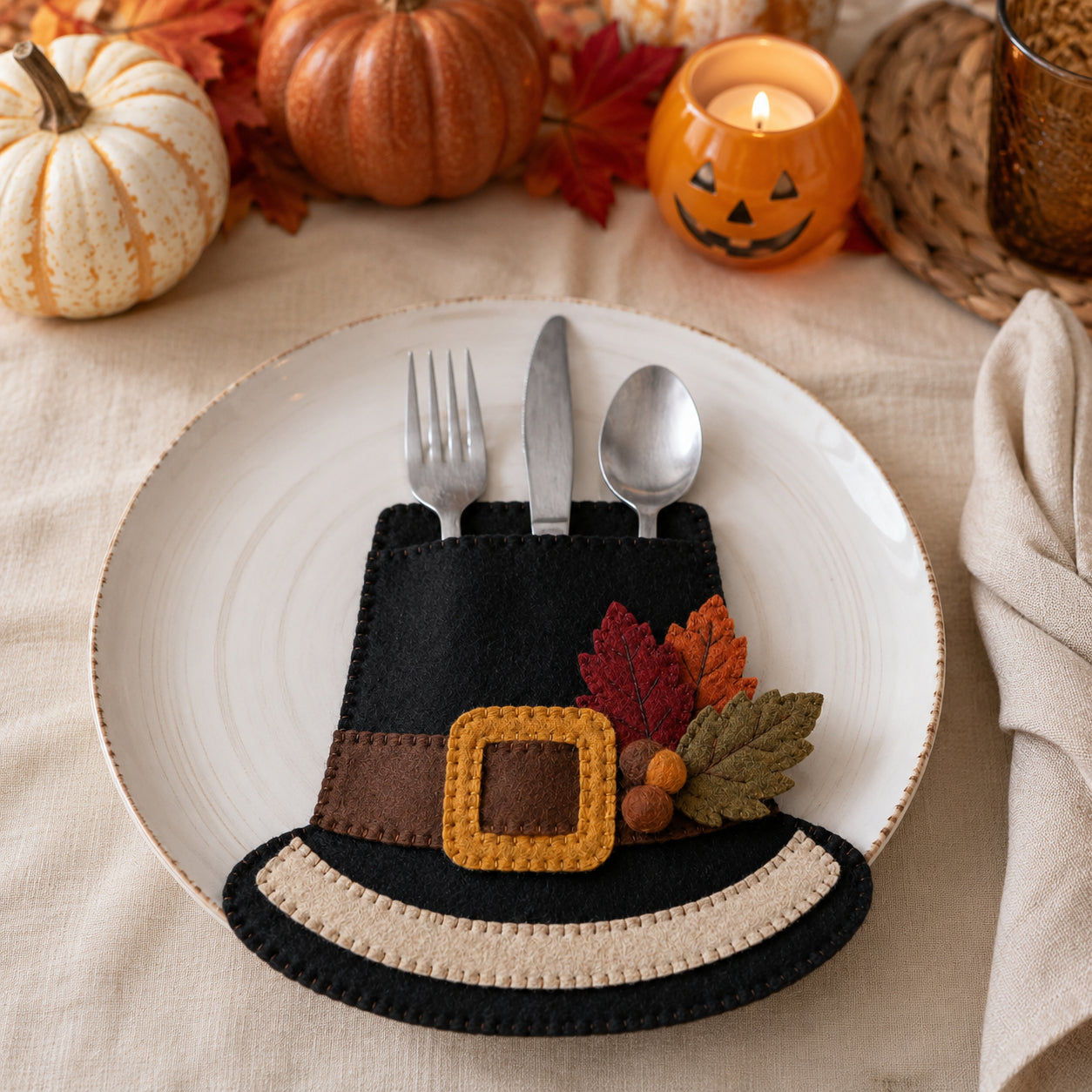 Pilgrim Hat Felt Silverware Holder, Thanksgiving Cutlery Pocket, Harvest Table Decor, Fall Dining Decor FELTCH19
