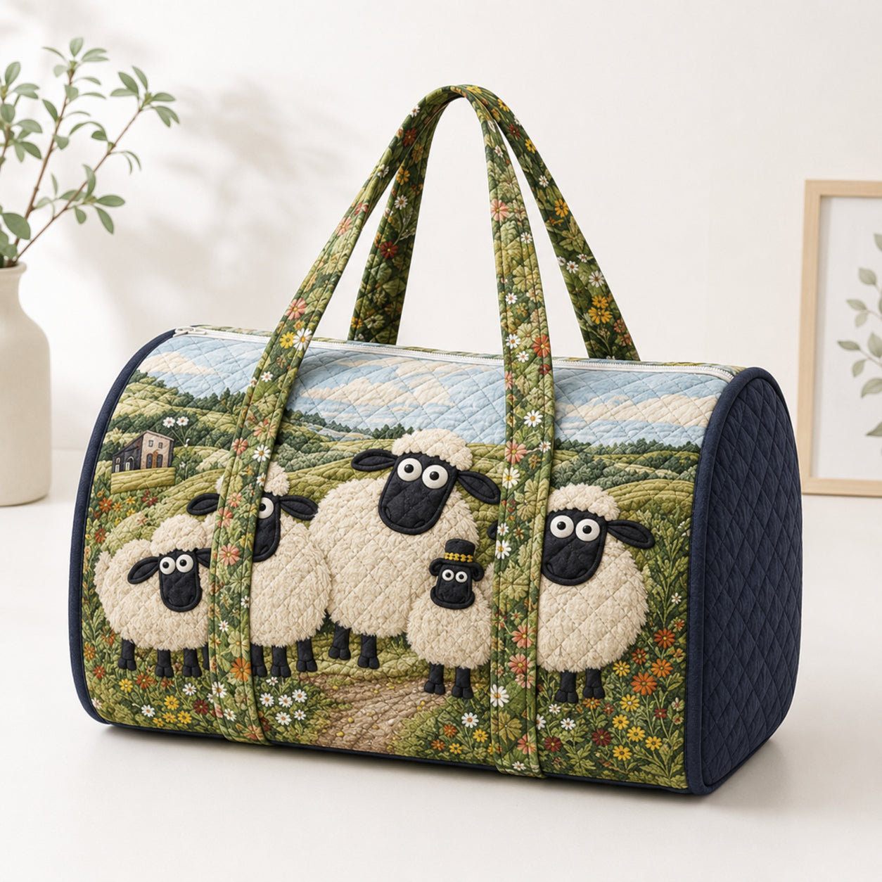 Cute Sheep Quilted Duffle Bag, Farm Animal Weekender Bag, Sheep Pattern Travel Bag QTTVB18