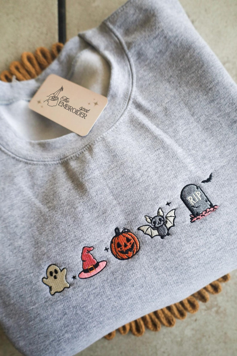 Halloween Mini Icons Embroidered Shirt, Cute Spooky Sweatshirt, Halloween Gift Shirt HLEM19