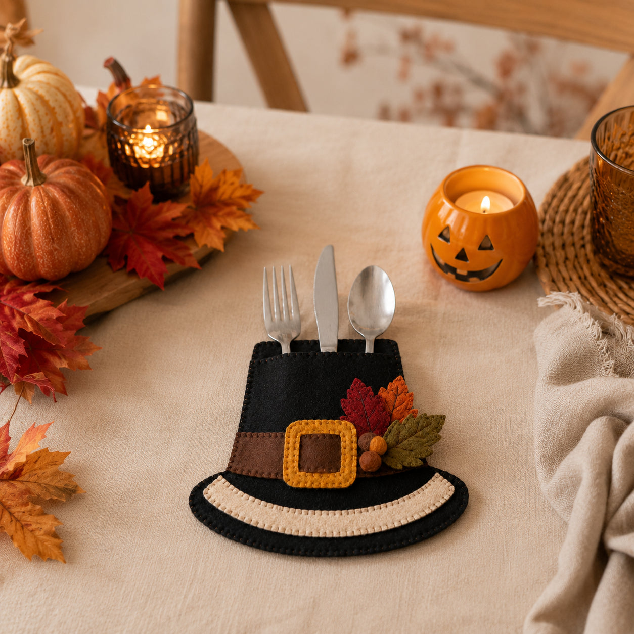 Pilgrim Hat Felt Silverware Holder, Thanksgiving Cutlery Pocket, Harvest Table Decor, Fall Dining Decor FELTCH19