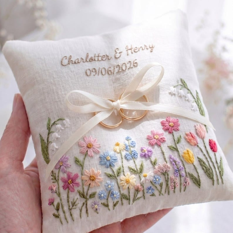 Personalized Embroidered Floral Wedding Ring Bearer Pillow, Custom Wedding Ring Pillow, Wedding Keepsake Gift WPILLOW19