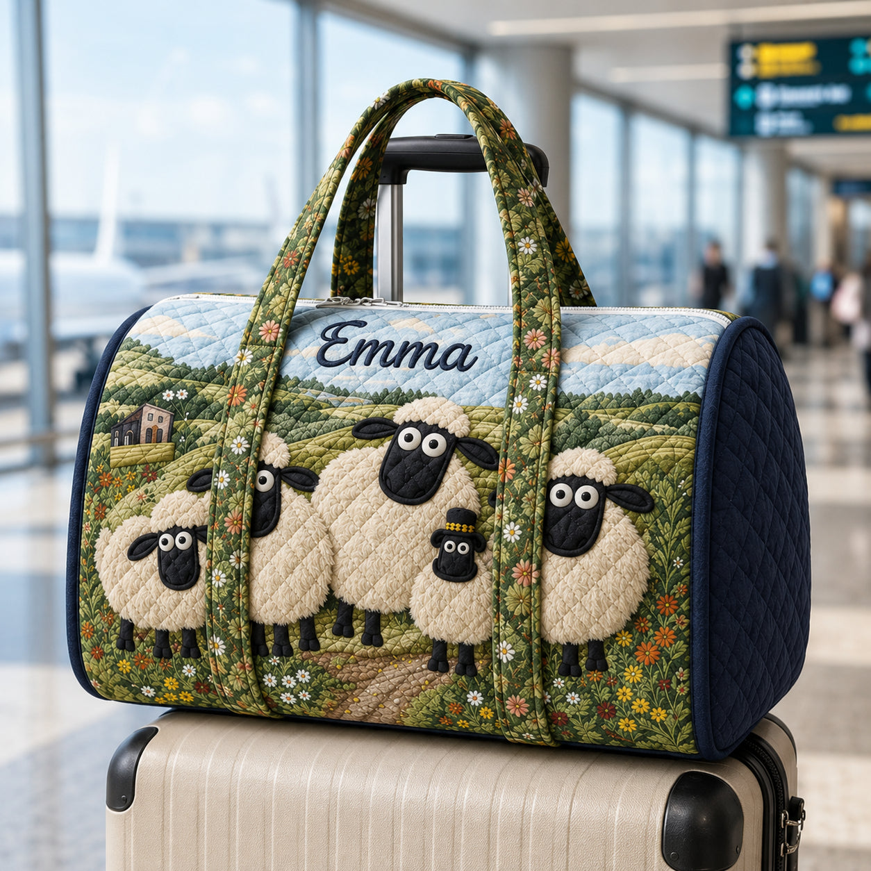 Cute Sheep Quilted Duffle Bag, Farm Animal Weekender Bag, Sheep Pattern Travel Bag QTTVB18