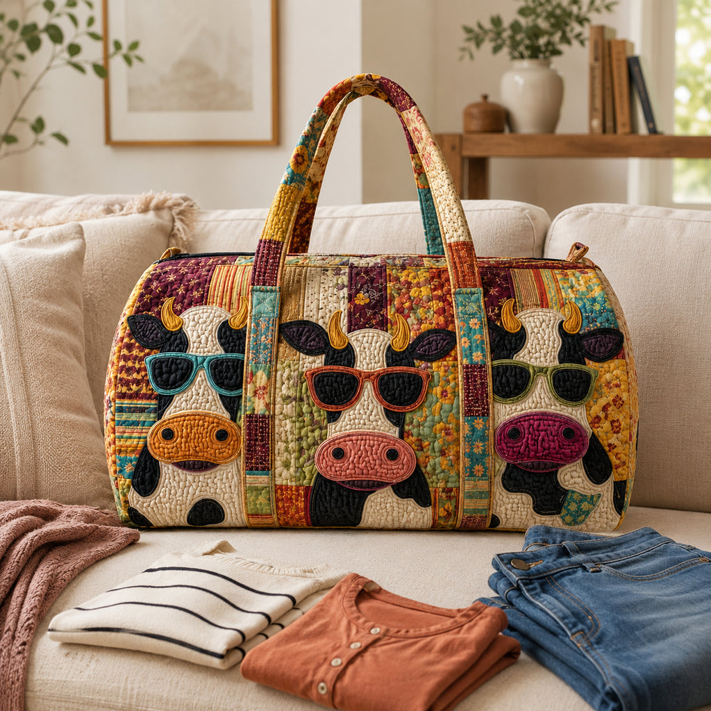 Funny Cow with Sunglasses Quilted Duffle Bag, Cute Milk Cow Duffle Bag, Overnight Bag, Quilted Travel Bag, Quilted Weekend Bag, Custom Bag Gift DFB16