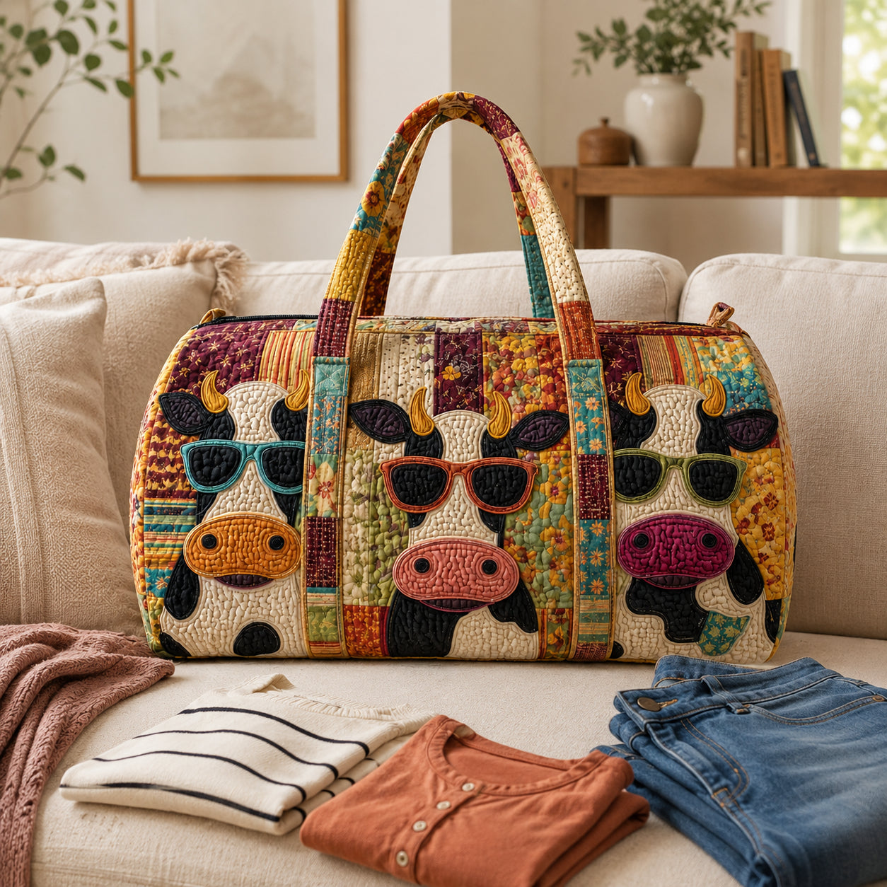 Funny Cow with Sunglasses Quilted Duffle Bag, Cute Milk Cow Duffle Bag, Overnight Bag, Quilted Travel Bag, Quilted Weekend Bag, Custom Bag Gift DFB16