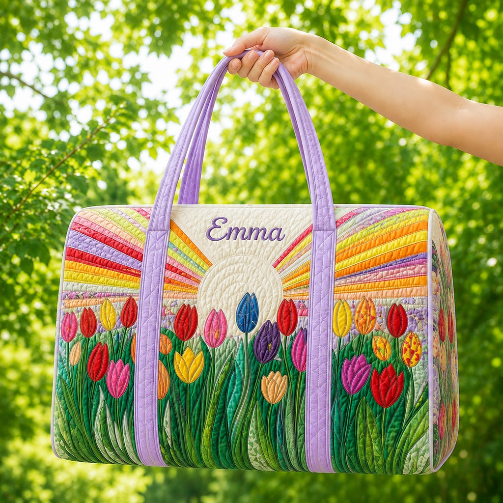Tulip Quilted Duffle Bag, Colorful Floral Travel Bag, Custom Name Weekender Bag, Spring Flower Gift for Her DFB41
