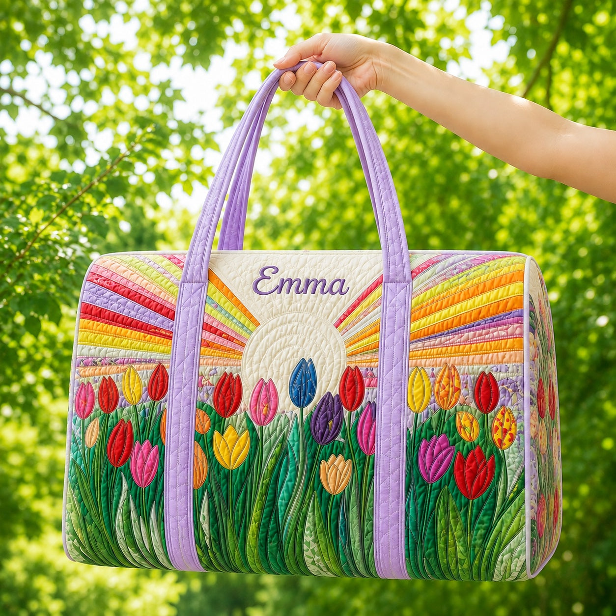 Tulip Quilted Duffle Bag, Colorful Floral Travel Bag, Custom Name Weekender Bag, Spring Flower Gift for Her DFB41