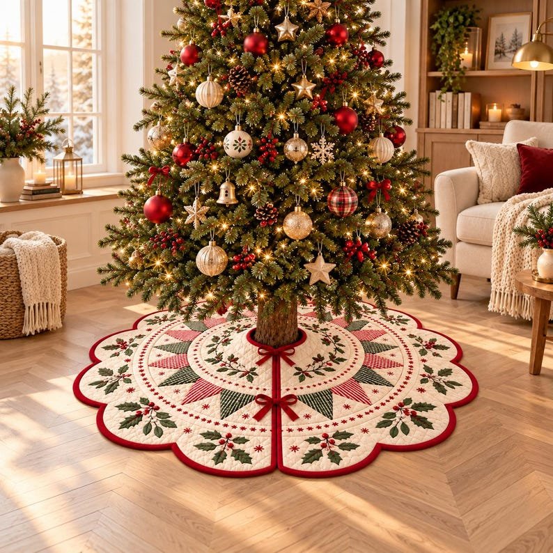 Custom Family Quilted Tree Skirt, Patchwork Xmas Tree Skirt, Holiday Decor, Xmas Tree Base Cover, Custom Tree Skirt XMASTS20