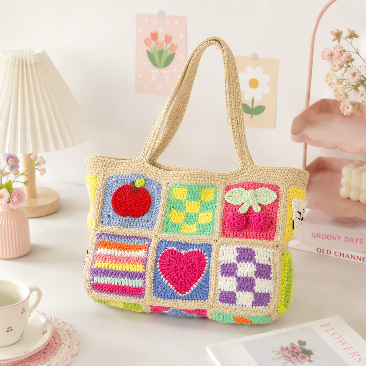 Granny Square Crochet Tote Bag, Colorful Patchwork Shoulder Bag, Retro Handmade Purse Crochet11