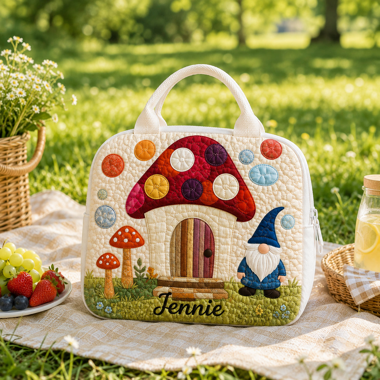 Fairy Mushroom Quilted Lunch Bag, Insulated Quilted Lunch Tote, Mushroom Lunch Bag, Custom Kid Lunch Bag, Back To School Bag, Picnic Bag, Reusable Lunch Tote QLB19