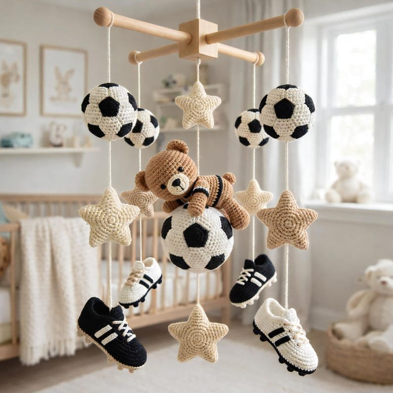 Personalized Crochet Bear Baby Mobile, Bear On Football Mobile Nursery Outer Space Mobile Crib, Soccer Ball Nursery Decor, Newborn Gift CrochetBBM17