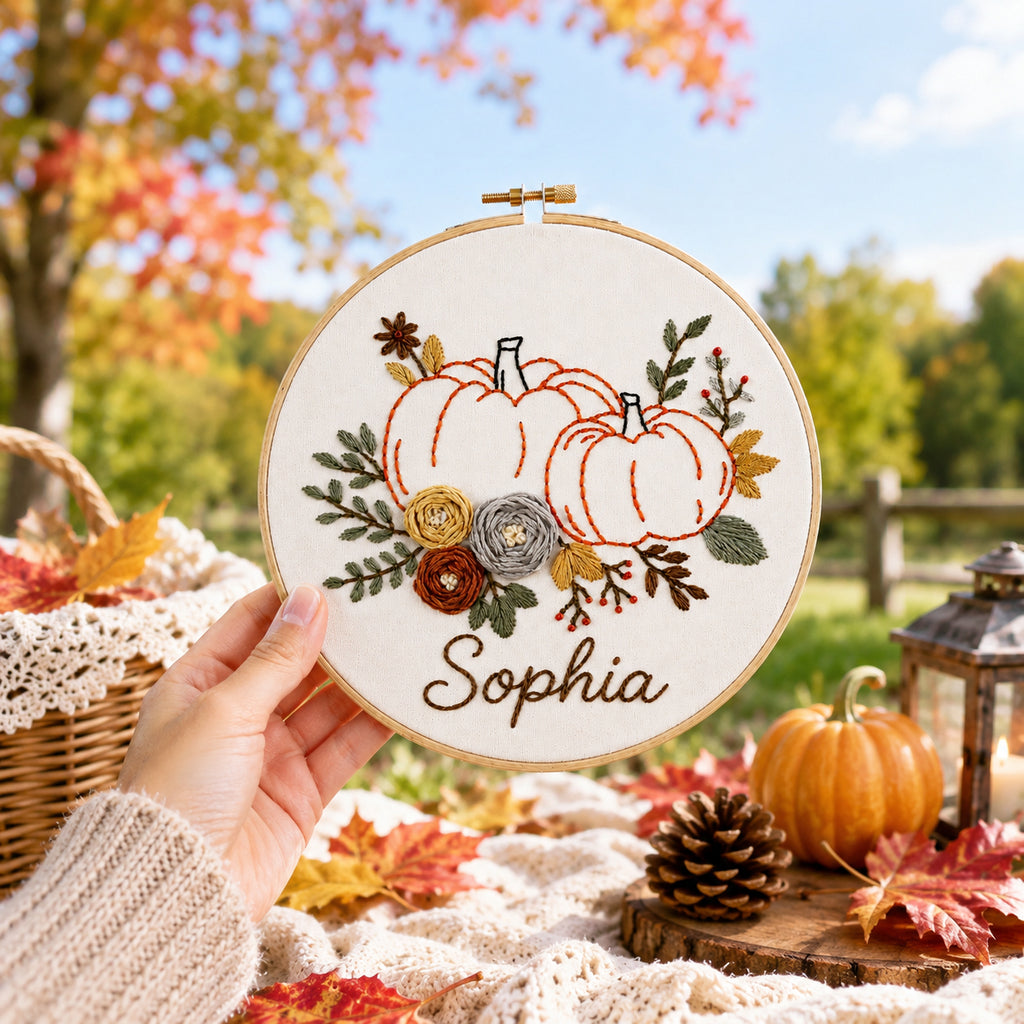 Personalized Pumpkin Hand-Embroidery Hoop Art, Custom Name Fall Wall Decor, Autumn Pumpkin Floral Embroidery, Handmade Harvest Gift HOOP19