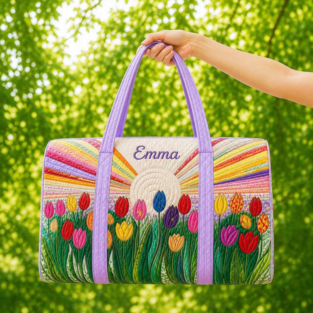 Tulip Quilted Duffle Bag, Colorful Floral Travel Bag, Custom Name Weekender Bag, Spring Flower Gift for Her DFB41