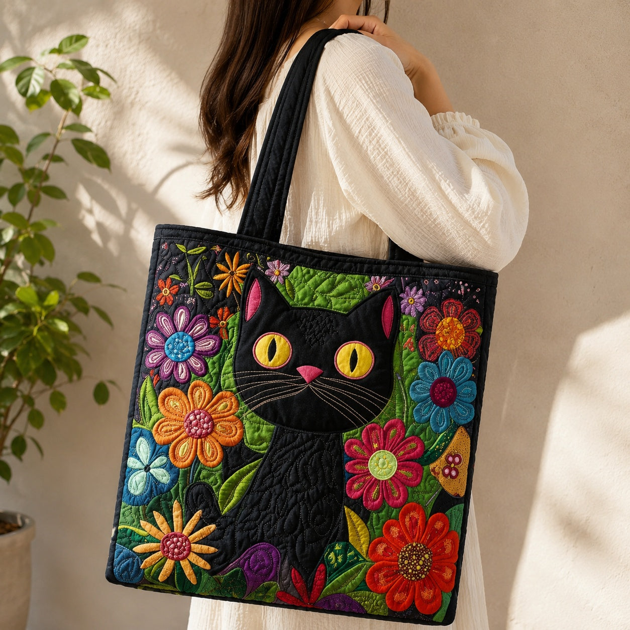 Flower Cat Pattern Quilted Tote Bag, Cat Shoulder Bag, Pet Cat Art Tote, Fabric Tote Bag, Gift Bag QTOTE43