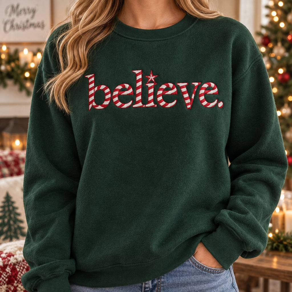 Candy Cane Believe Christmas Sweatshirt, Embroidered Holiday Crewneck Shirt, Cozy Winter Xmas Gift XMASS11