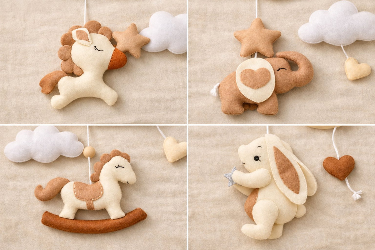Woodland Felt Baby Mobile, Handmade Felt Crib Mobile with Horse Elephant Bunny Forest Animals, Neutral Nursery Decor, Newborn Gift BBMB36