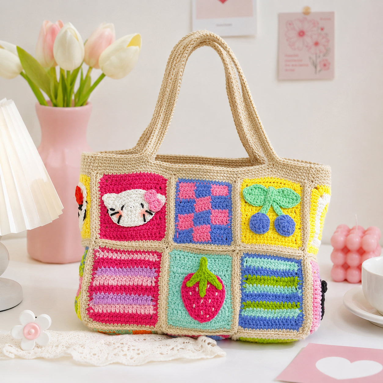 Summer Patchwork Crochet Tote Bag, Colorful Patchwork Shoulder Bag, Retro Handmade Purse Crochet12
