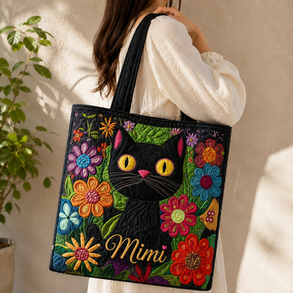 Flower Cat Pattern Quilted Tote Bag, Cat Shoulder Bag, Pet Cat Art Tote, Fabric Tote Bag, Gift Bag QTOTE43