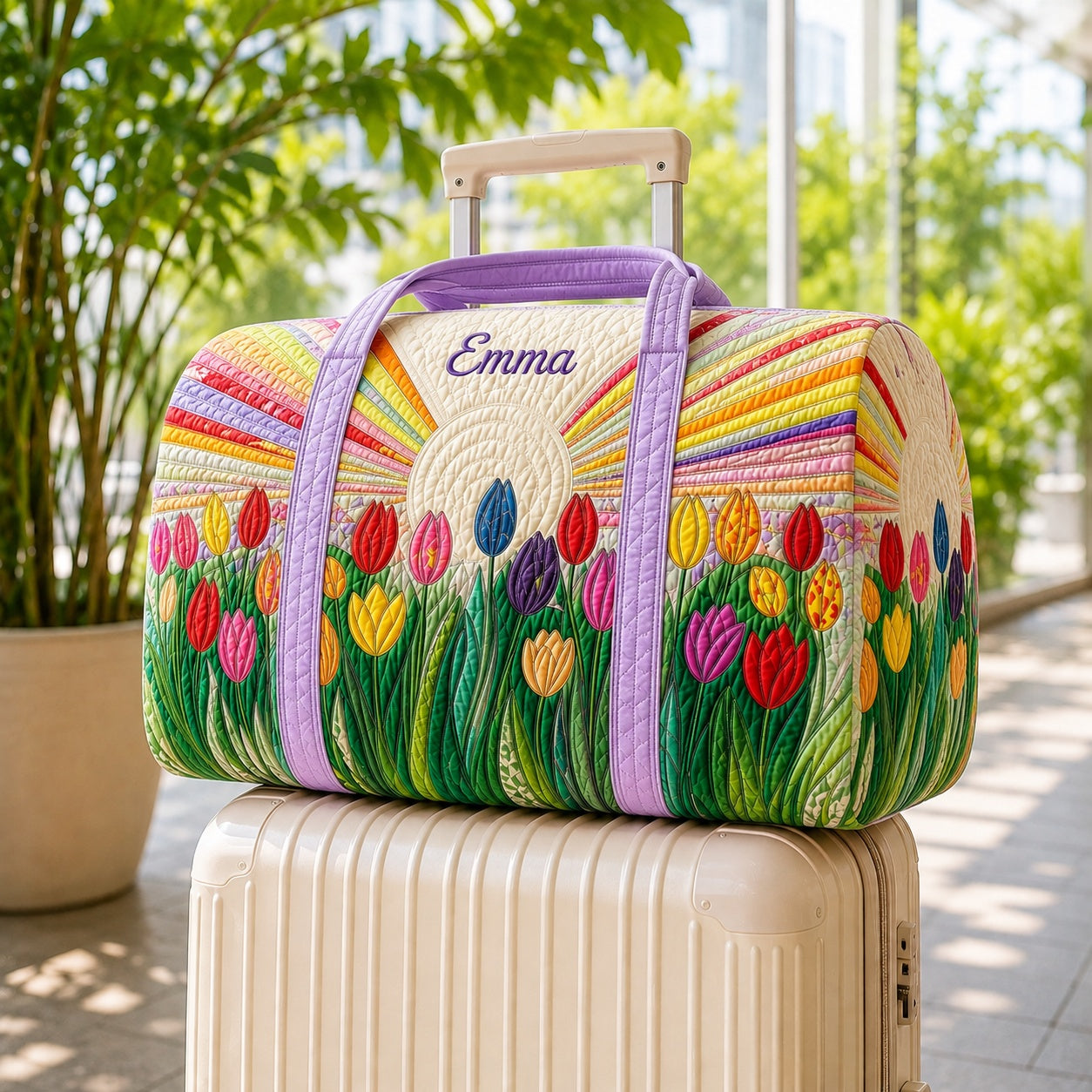 Tulip Quilted Duffle Bag, Colorful Floral Travel Bag, Custom Name Weekender Bag, Spring Flower Gift for Her DFB41