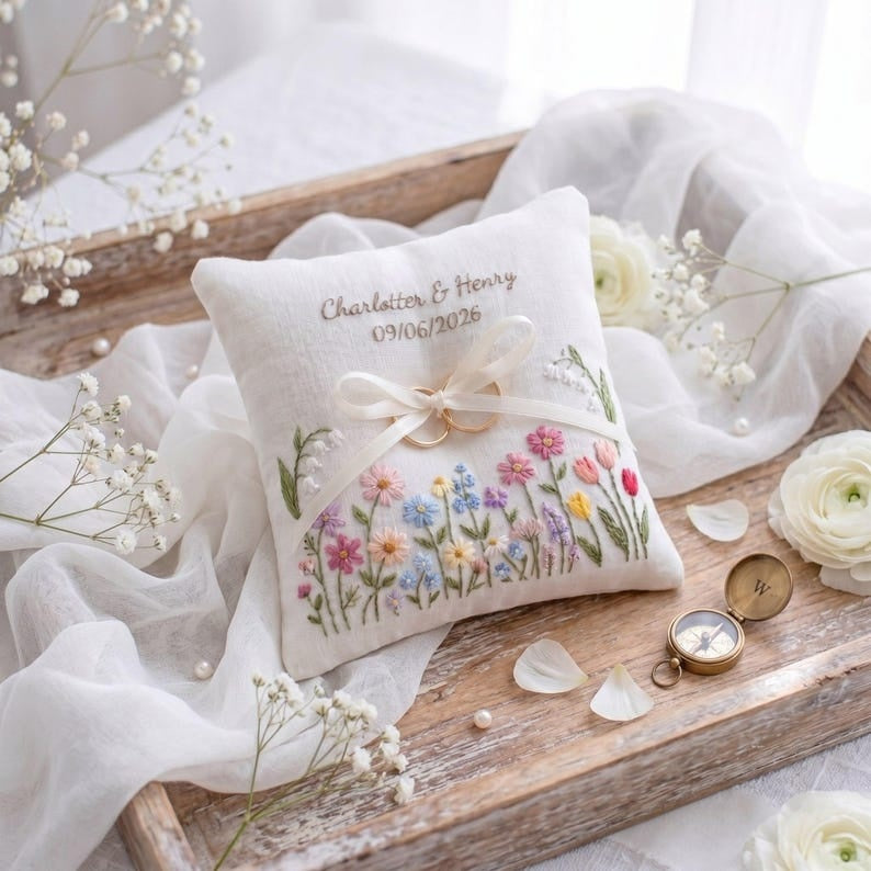 Personalized Embroidered Floral Wedding Ring Bearer Pillow, Custom Wedding Ring Pillow, Wedding Keepsake Gift WPILLOW19