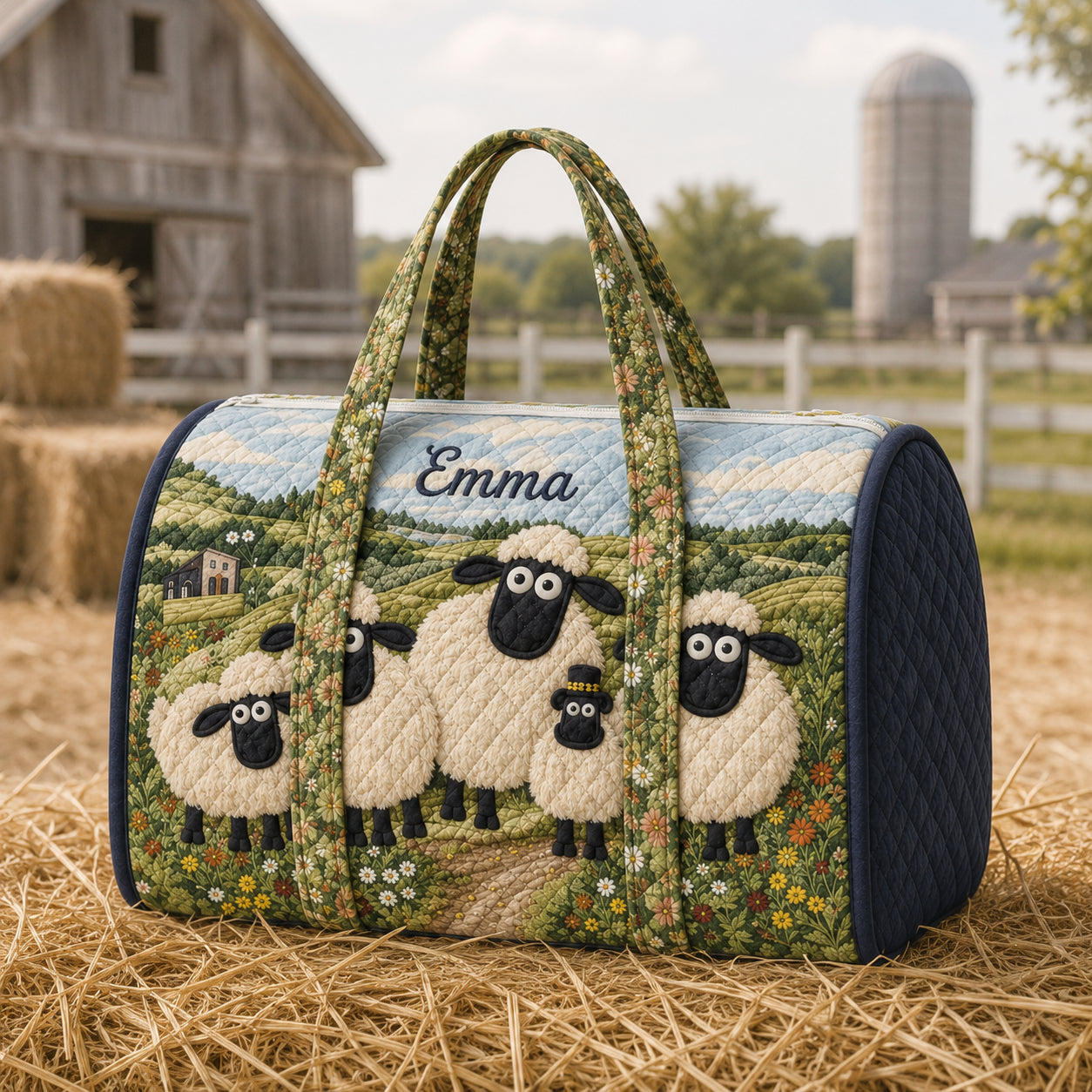 Cute Sheep Quilted Duffle Bag, Farm Animal Weekender Bag, Sheep Pattern Travel Bag QTTVB18