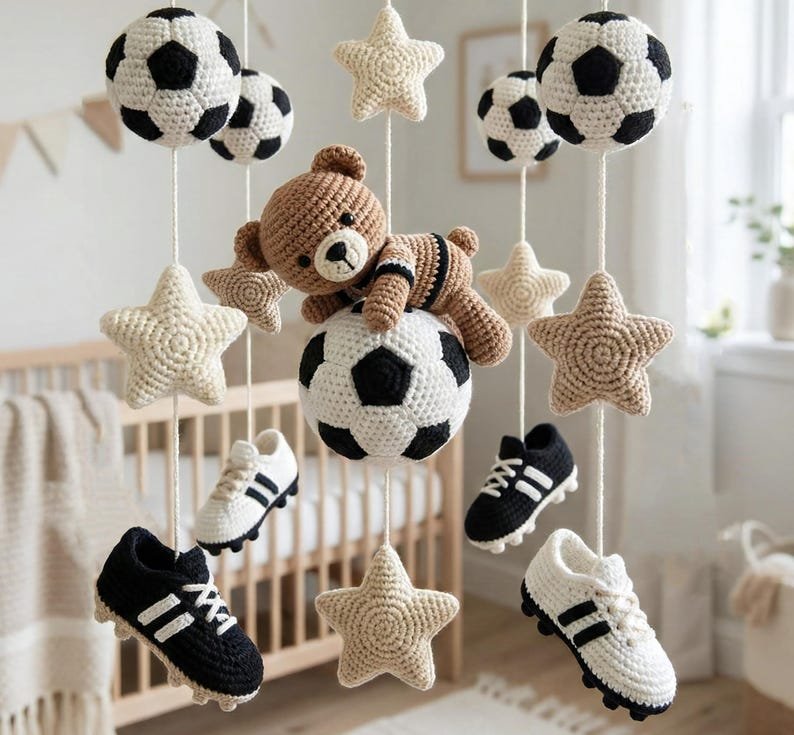 Personalized Crochet Bear Baby Mobile, Bear On Football Mobile Nursery Outer Space Mobile Crib, Soccer Ball Nursery Decor, Newborn Gift CrochetBBM17
