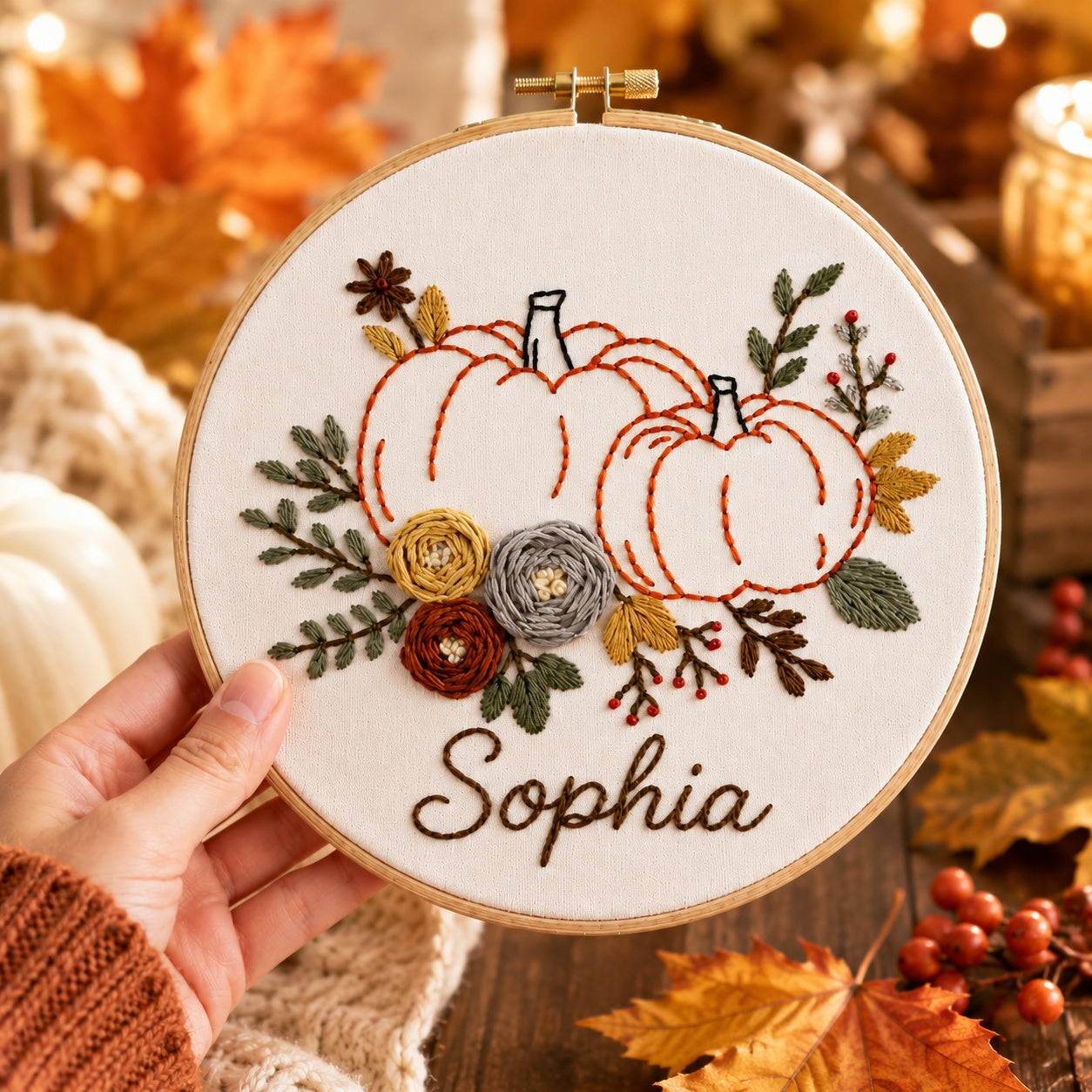 Personalized Pumpkin Hand-Embroidery Hoop Art, Custom Name Fall Wall Decor, Autumn Pumpkin Floral Embroidery, Handmade Harvest Gift HOOP19