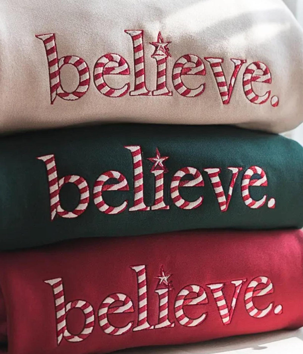 Candy Cane Believe Christmas Sweatshirt, Embroidered Holiday Crewneck Shirt, Cozy Winter Xmas Gift XMASS11