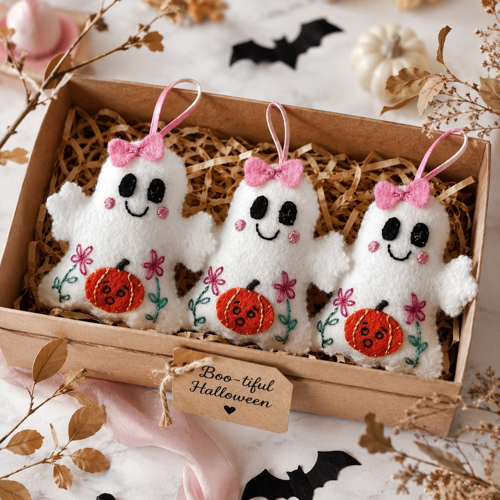 Set 2pcs Halloween Boo Felt Ornament, Hand-Embroidery Baby Boo Felt Ornament, Custom Baby Ornament, Halloween Gift for Home Decoration HFOR18