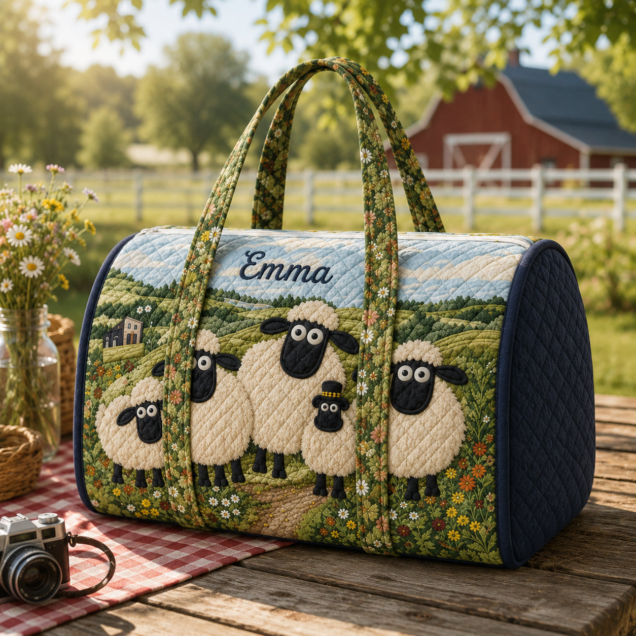 Cute Sheep Quilted Duffle Bag, Farm Animal Weekender Bag, Sheep Pattern Travel Bag QTTVB18