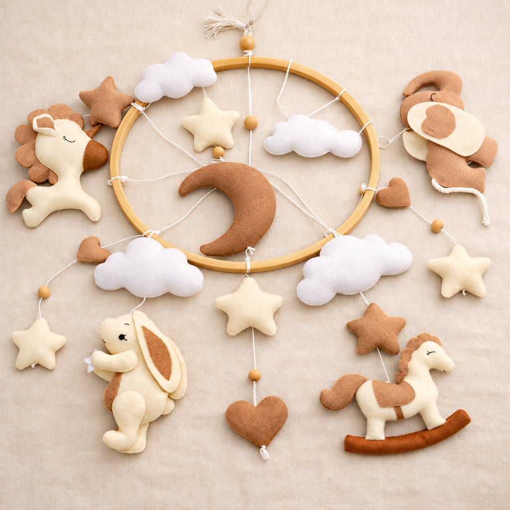 Woodland Felt Baby Mobile, Handmade Felt Crib Mobile with Horse Elephant Bunny Forest Animals, Neutral Nursery Decor, Newborn Gift BBMB36