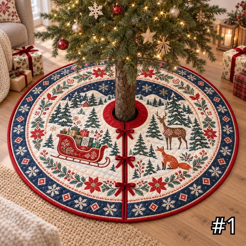 Quilted Christmas Tree Skirt, Patchwork Xmas Tree Skirt, Holiday Decor, Xmas Tree Base Cover, Custom Tree Skirt XMASTS01